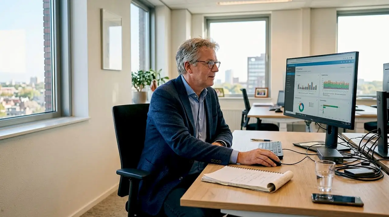 Manager in colbert aan een bureau bij het raam met een scherm vol grafieken