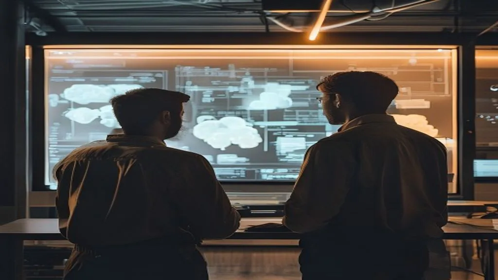 Two engineers looking at a large wall screen showing a cloud architecture diagram in a dimly lit workspace