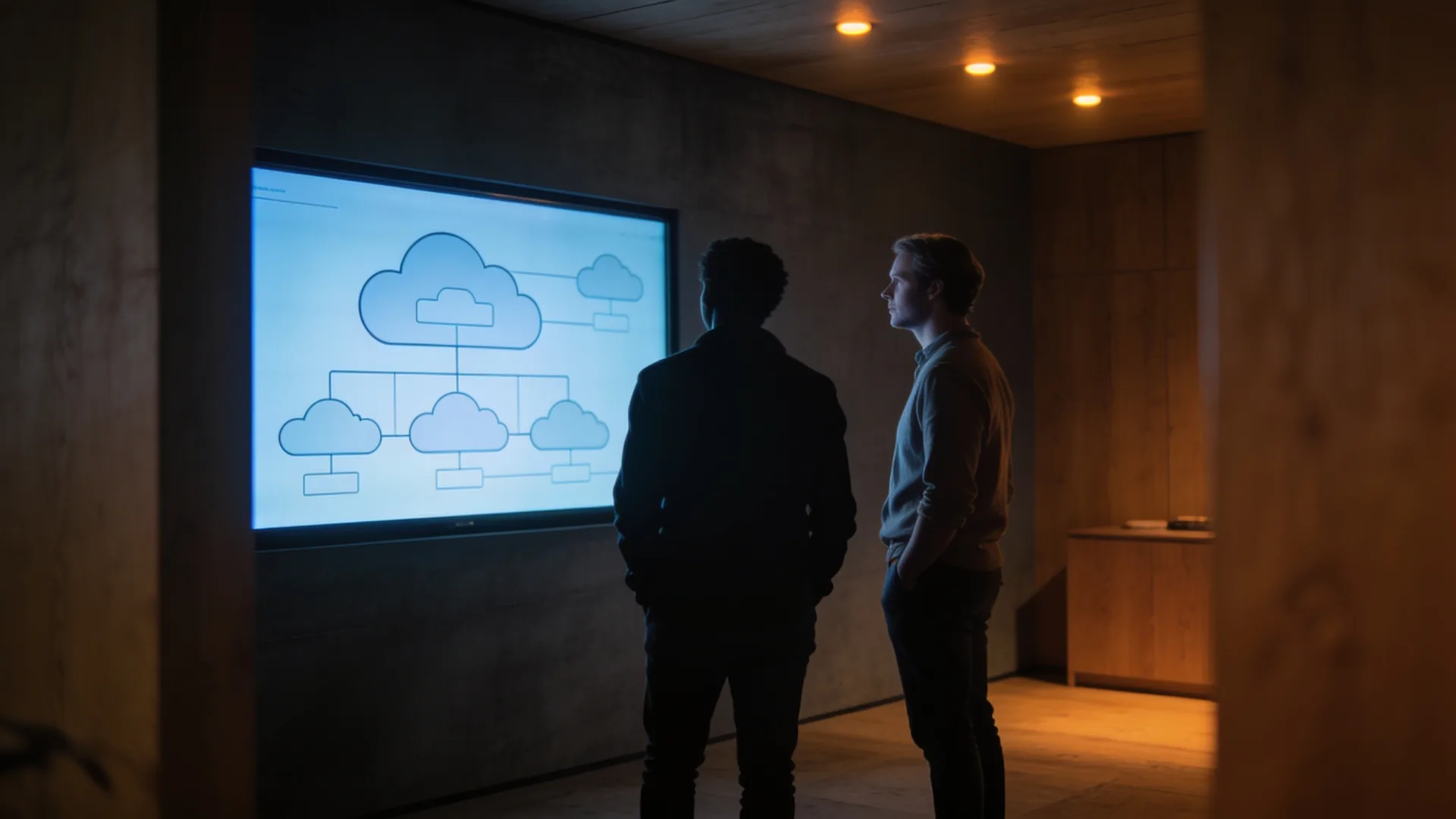 Twee collega’s voor een groot wandscherm met clouddiagrammen in een donkere ruimte