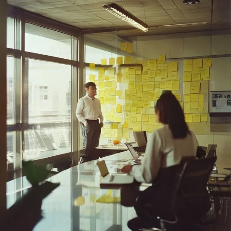 Workshop in a meeting room: a man stands at a glass wall covered in yellow sticky notes while a colleague takes notes on a laptop