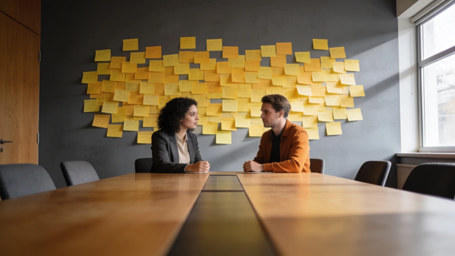 Vergaderruimte met een wand vol gele memoblaadjes en twee collega’s aan een lange tafel