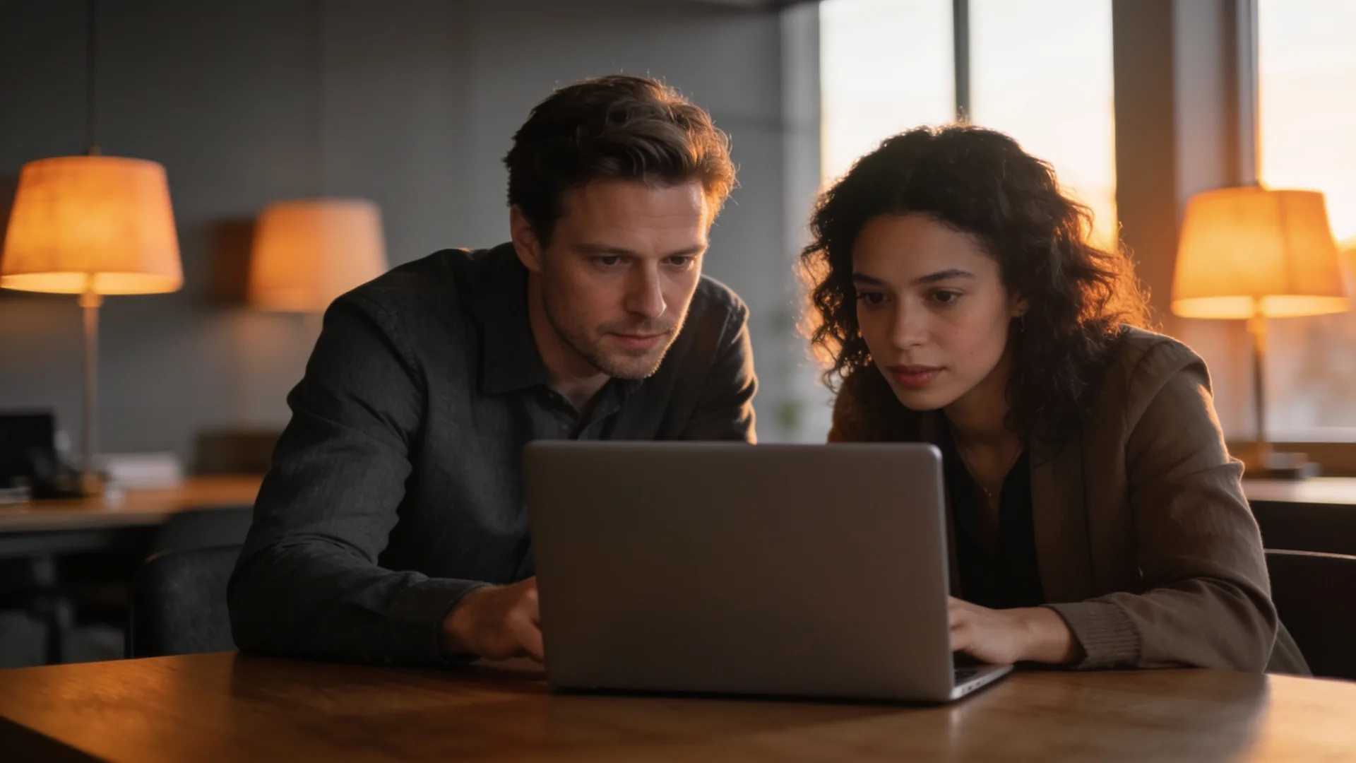 Twee collega’s aan een tafel met een laptop tussen hen in, in een warm verlicht kantoor
