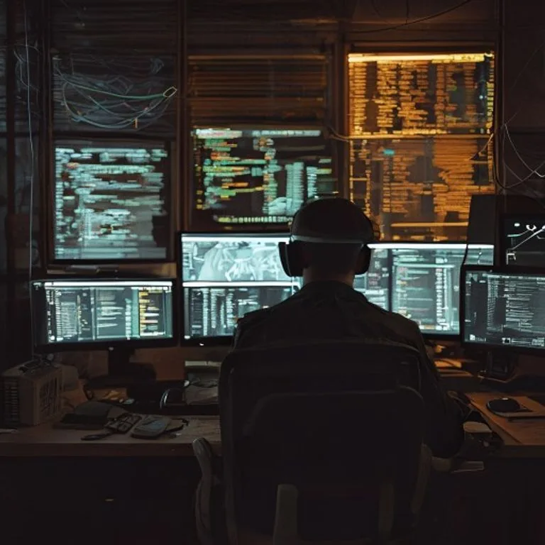 Analist met een headset voor een wand met monitoringschermen in een donkere ruimte