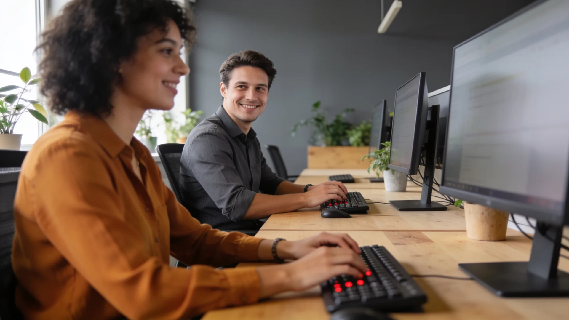 Twee collega’s aan dezelfde lange bureaurij, allebei achter een toetsenbord en een beeldscherm