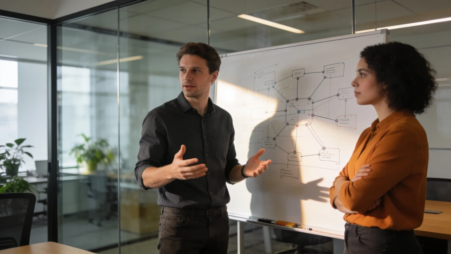 Twee collega’s bij een whiteboard vol technische schema’s in een vergaderruimte met glazen wanden