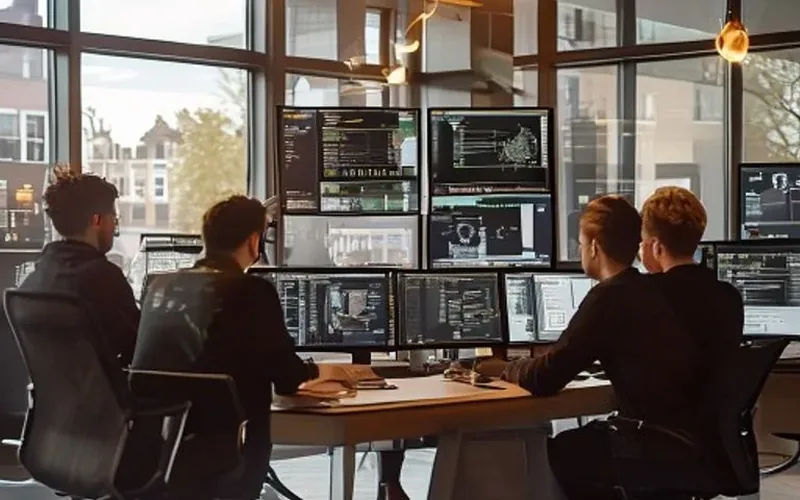 Vier collega’s aan een tafel met meerdere schermen vol code en dashboards in een licht kantoor