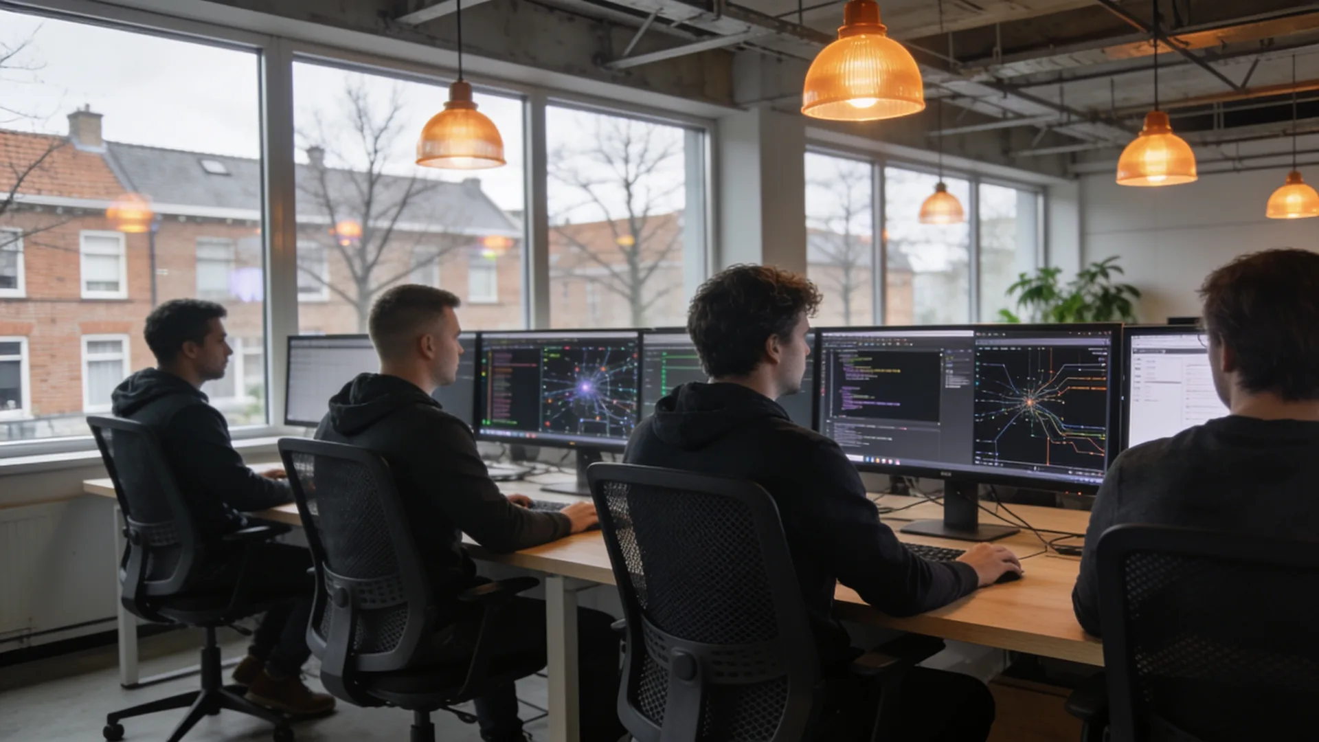 Vier collega’s aan een tafel met meerdere schermen vol code en dashboards in een licht kantoor