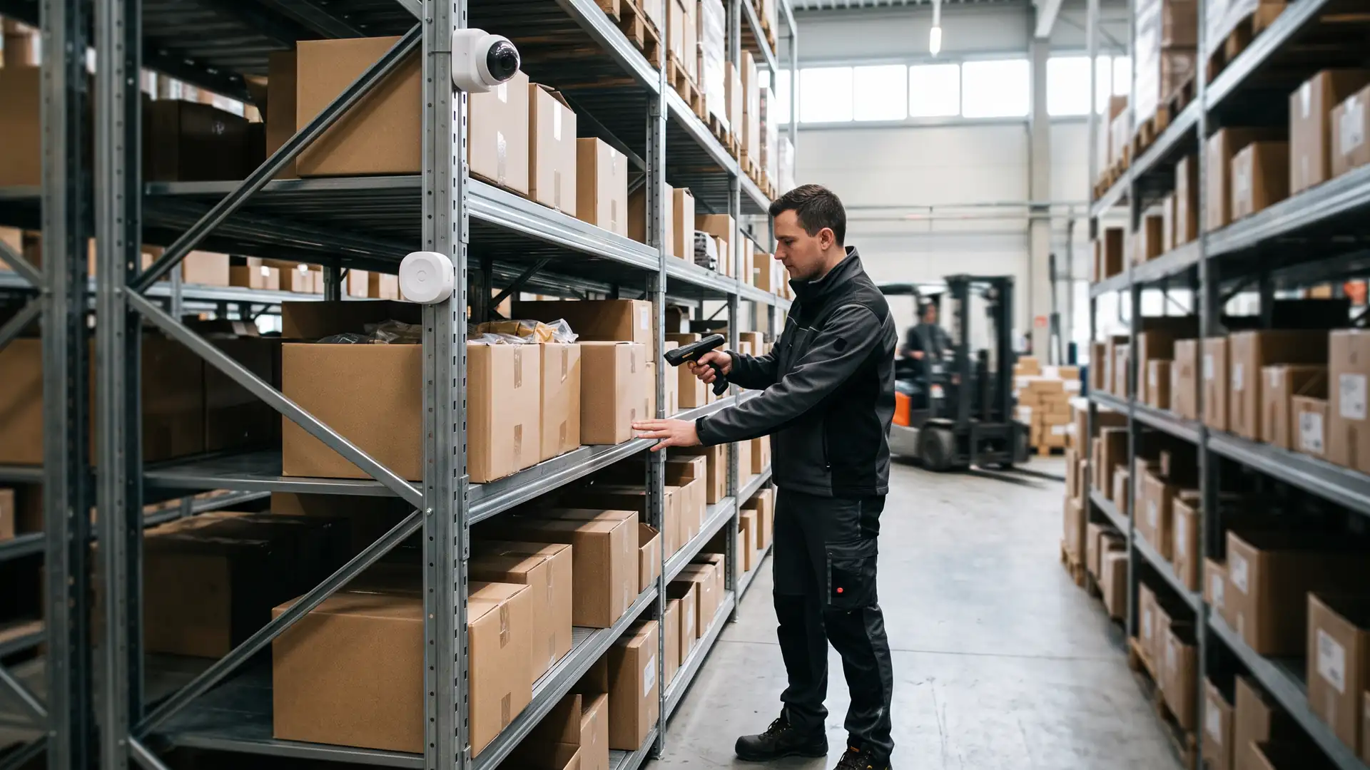 Magazijnmedewerker scant een doos op een stelling met een handscanner; aan de stelling hangen een sensor en een kleine camera