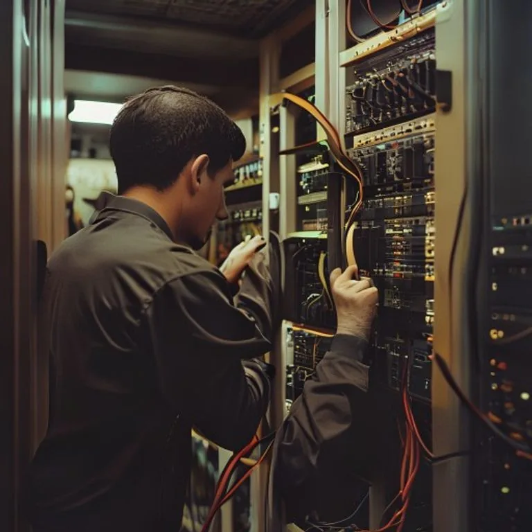 Rows of server cabinets in a data centre, seen down a lit aisle
