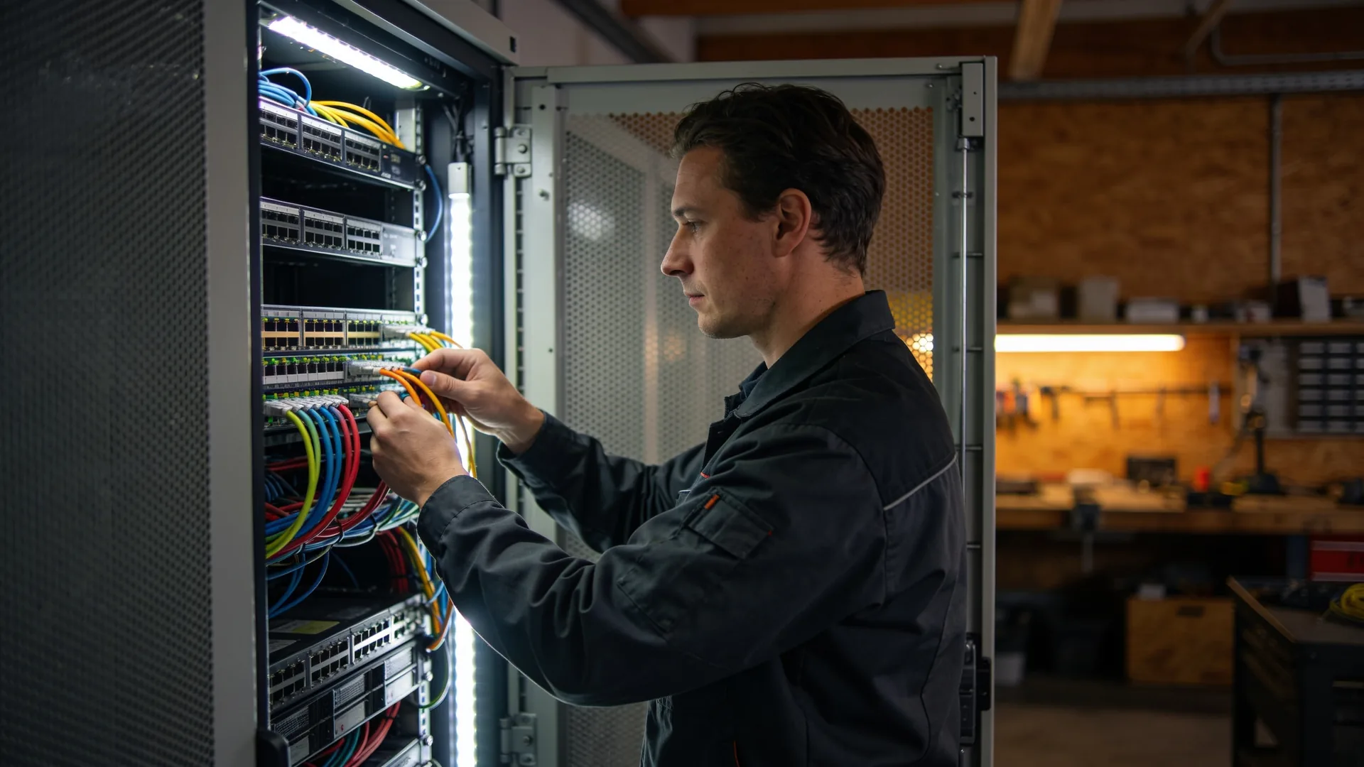 Technicus die aan de bekabeling in een serverkast werkt