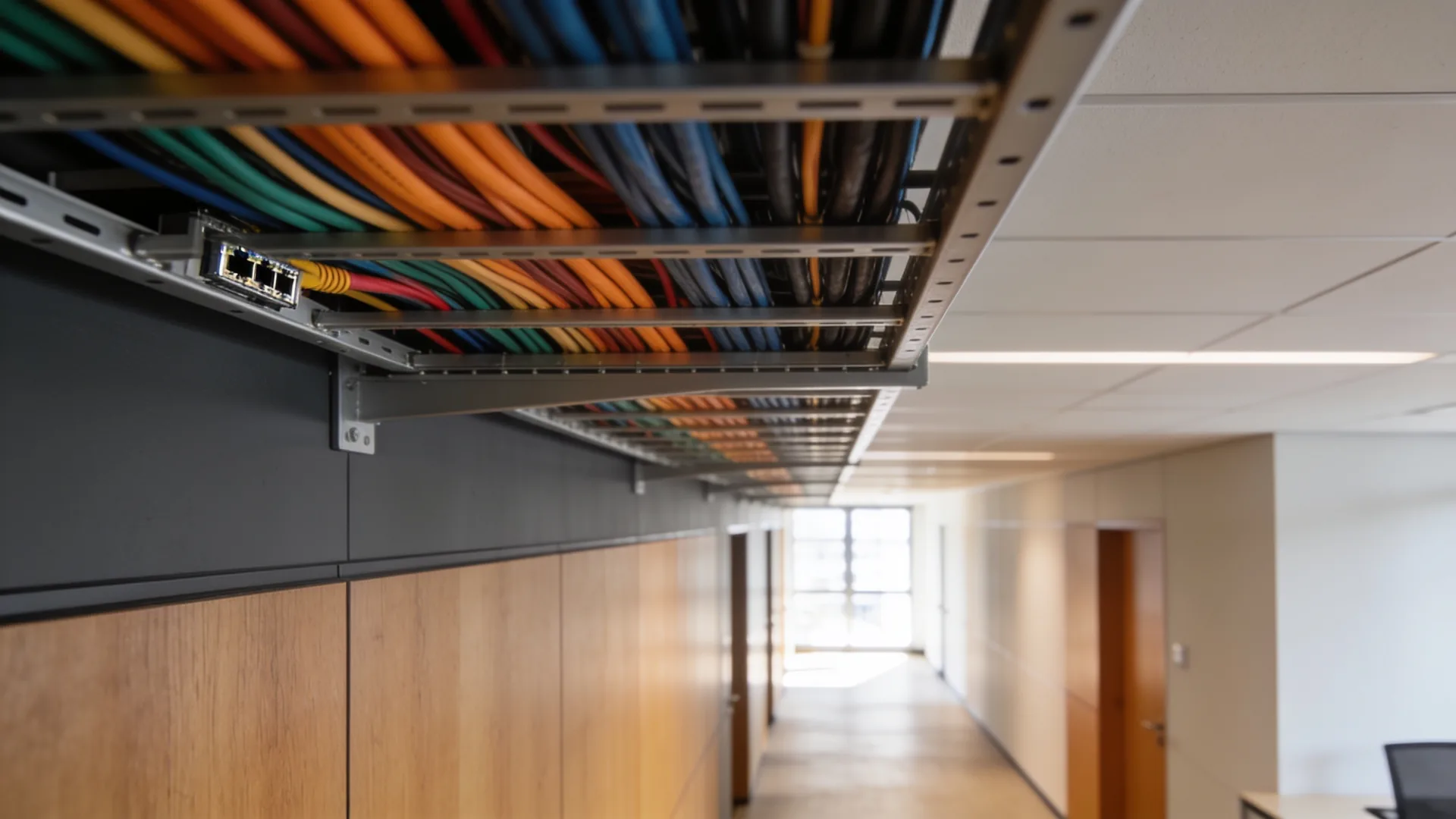 Bundels gekleurde kabels langs het plafond van een kantoorgang