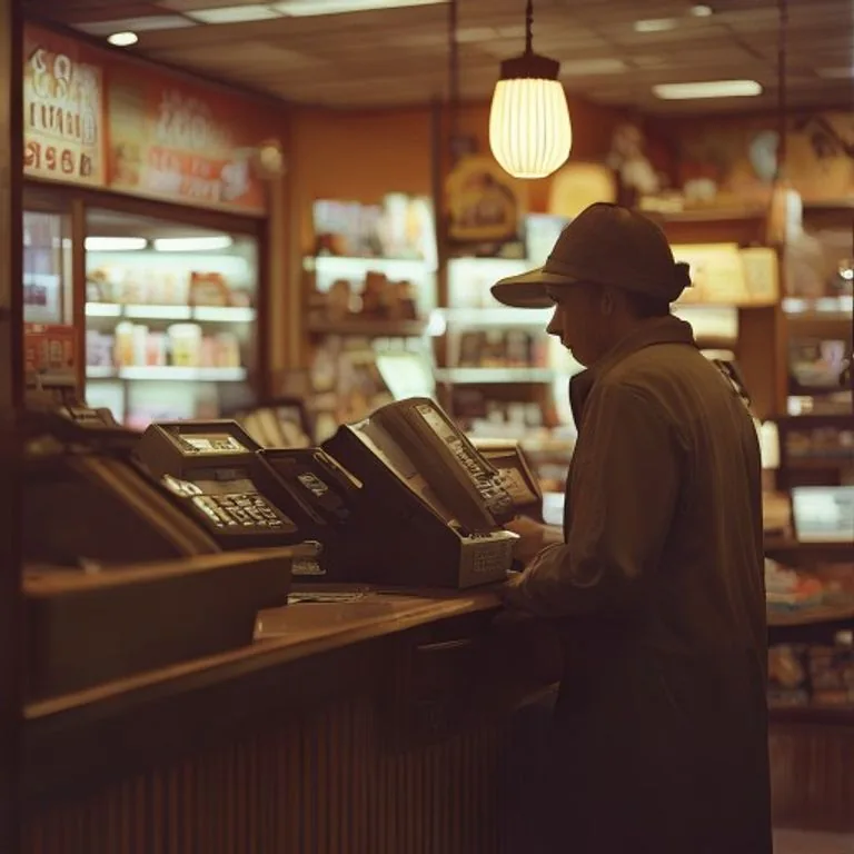 Shop assistant helping a customer at the checkout counter of a warmly lit speciality store