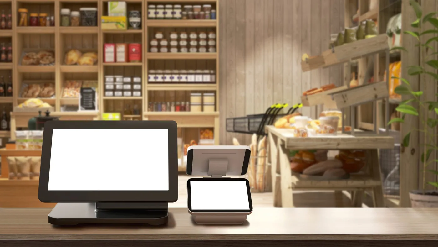 Kassaterminal en betaalautomaat op de toonbank van een winkel met gevulde schappen