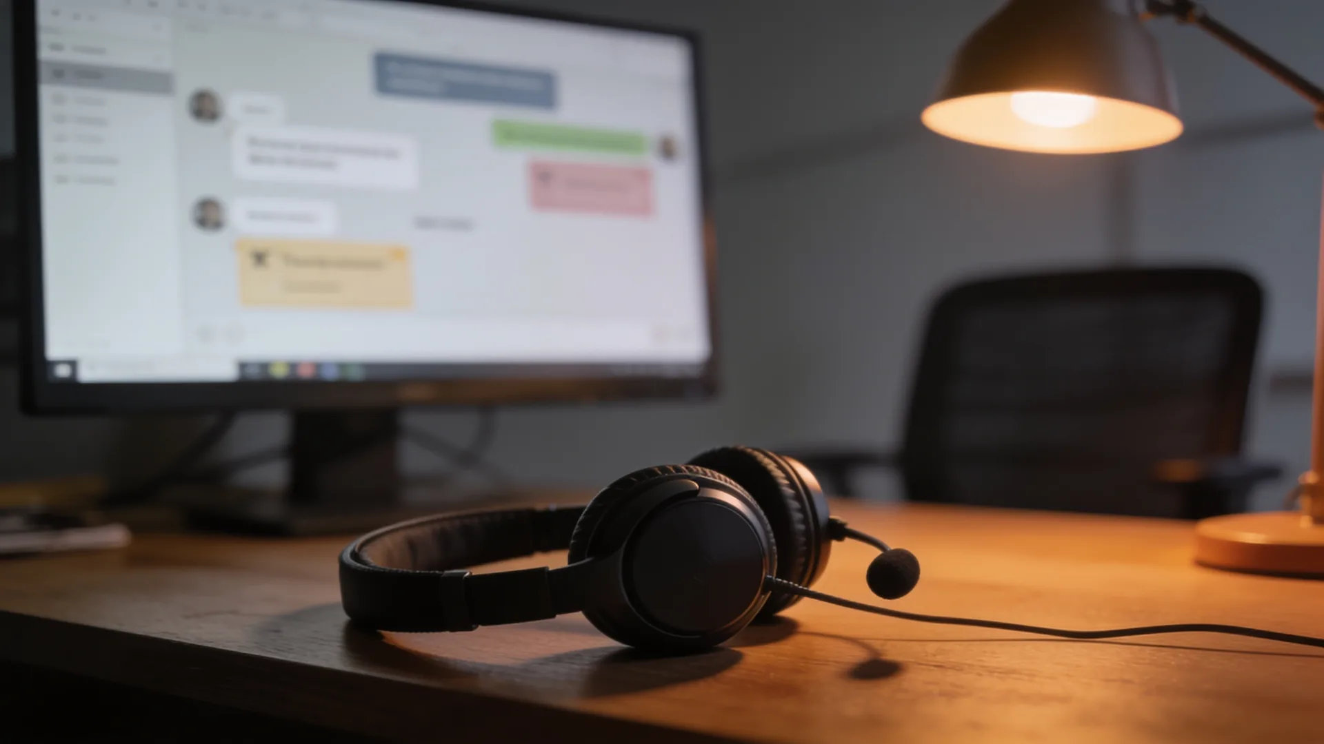 Headset op een bureau voor een beeldscherm met chatvensters