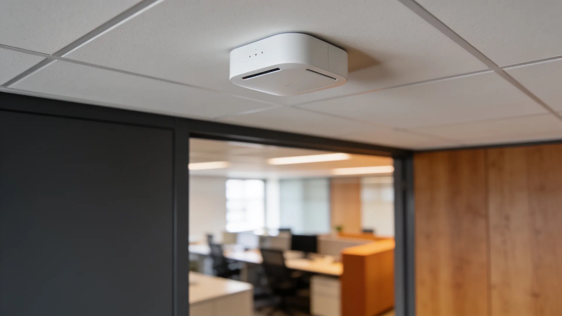 Wit accesspoint aan het plafond van een modern kantoor