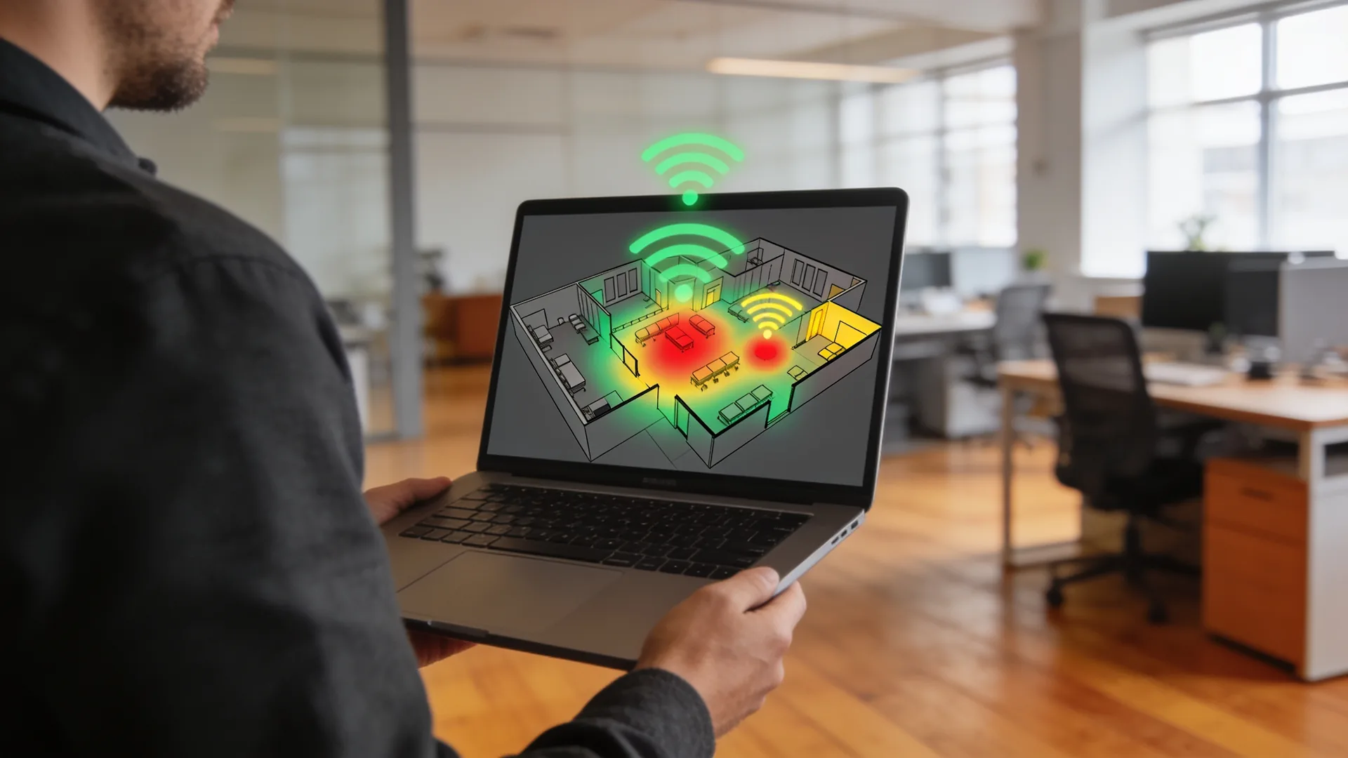 Iemand met een laptop waarop een gekleurde wifi-heatmap staat, in een open kantoor