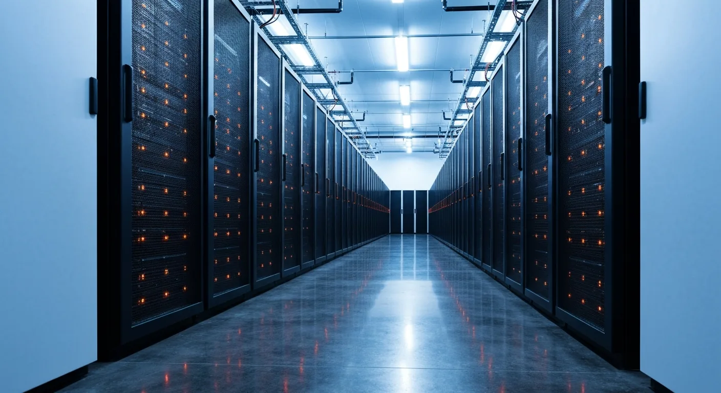 Lange gang tussen zwarte serverracks met oranje lampjes in een datacenter