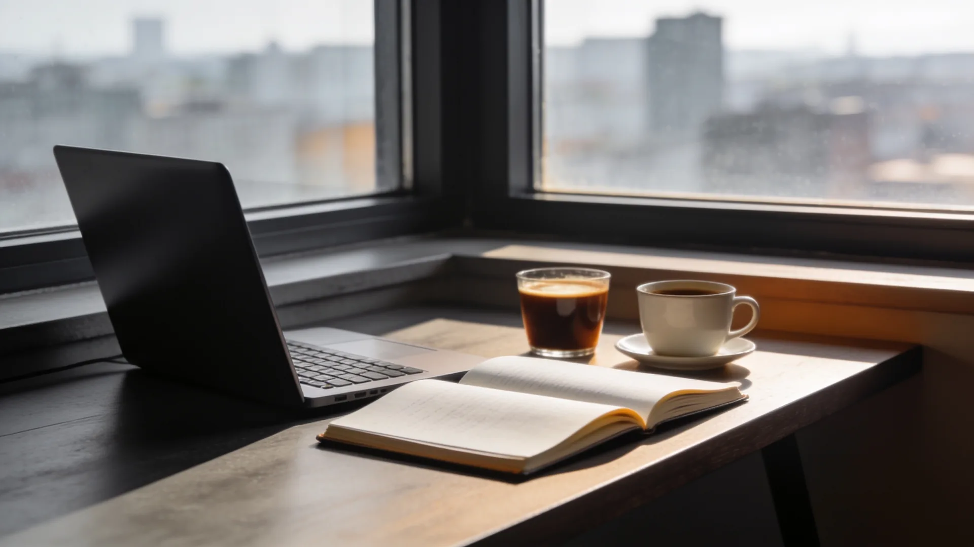 Bureau bij een raam met een laptop, een opengeslagen notitieboek en twee koppen koffie