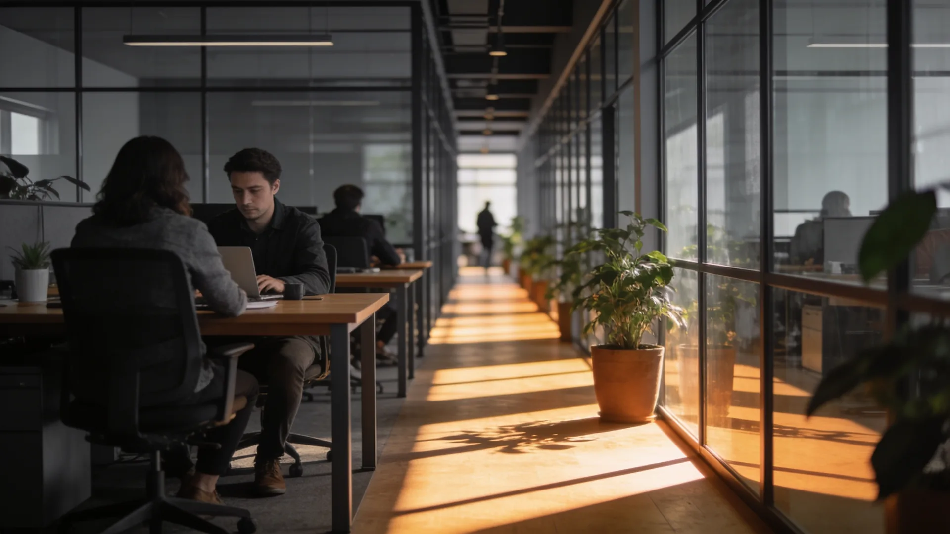 Lange kantoortuin met glazen wanden en collega’s aan hun bureau in de zon