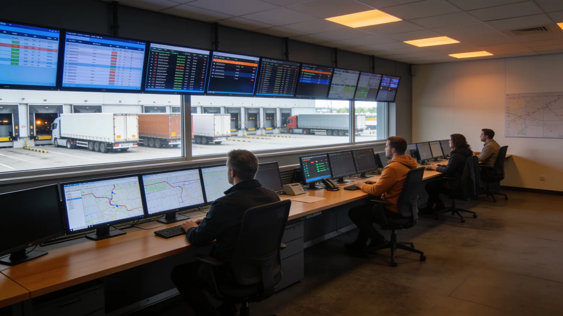 Planningsruimte met een wand vol schermen en uitzicht op een terminal