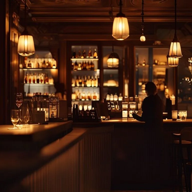 Donker verlichte bar met flessen in verlichte kasten en iemand aan de toog