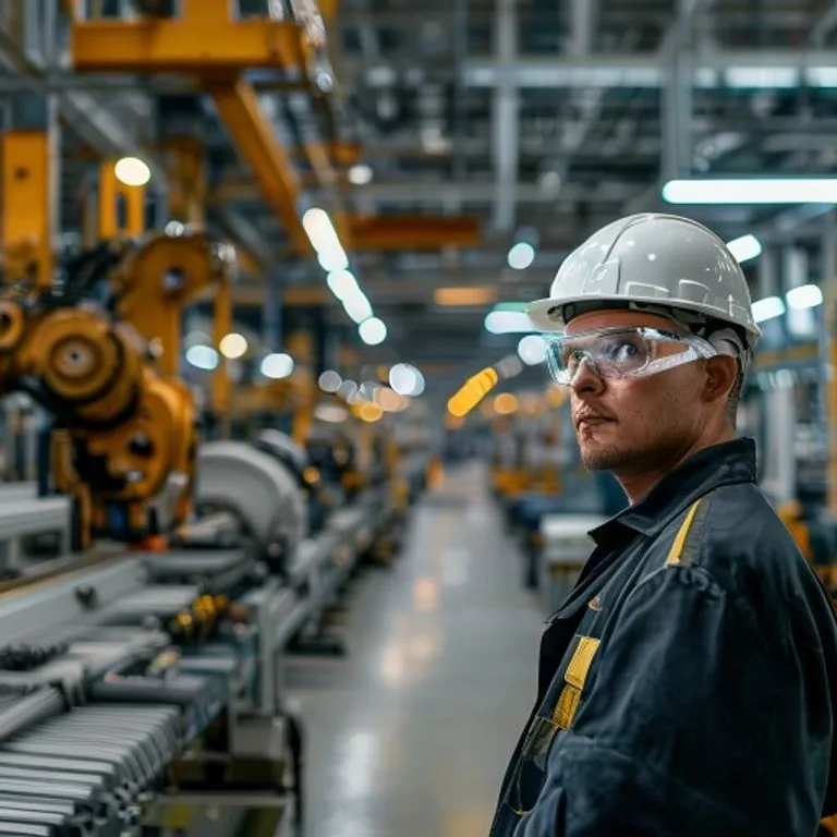Engineer in a hard hat and safety glasses inspecting an automated production line