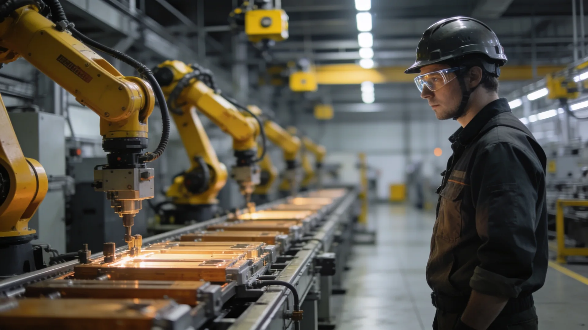 Medewerker met helm en veiligheidsbril bij een productielijn met gele robotarmen