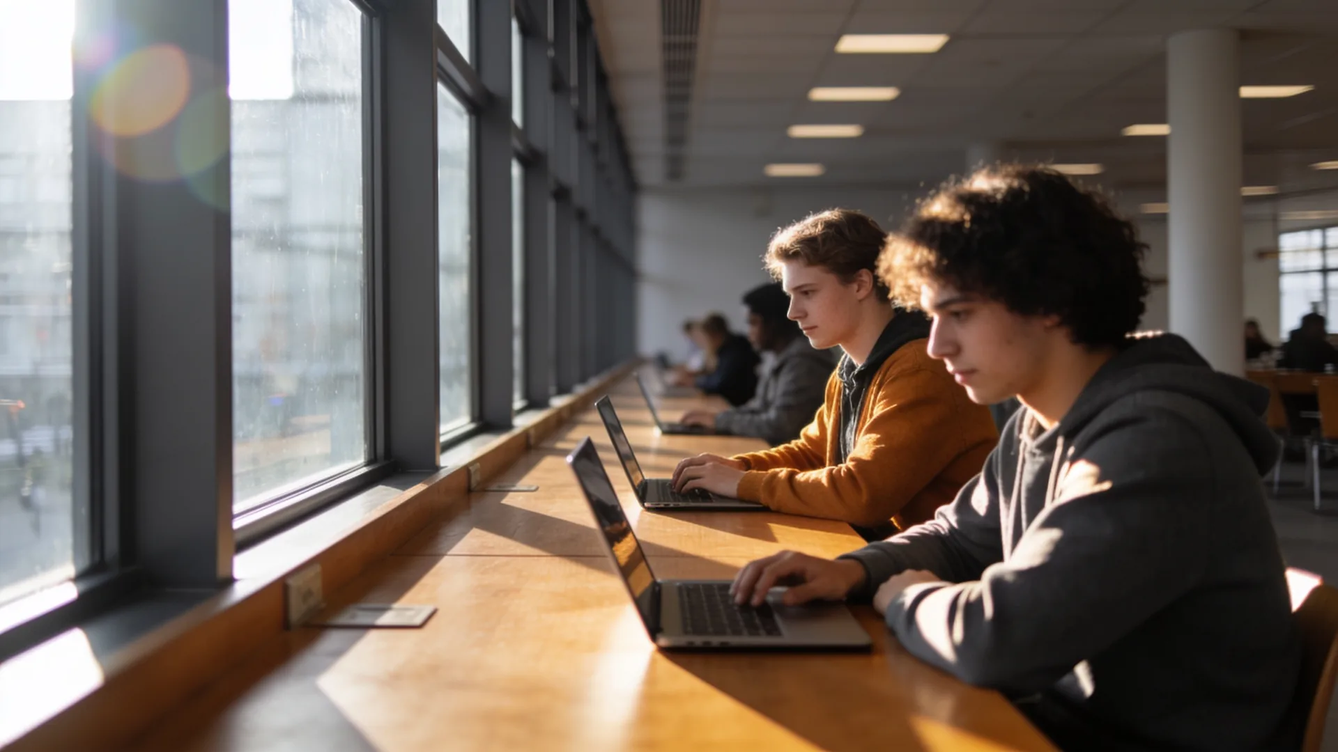 Studenten met laptops aan een lange tafel bij grote ramen in tegenlicht