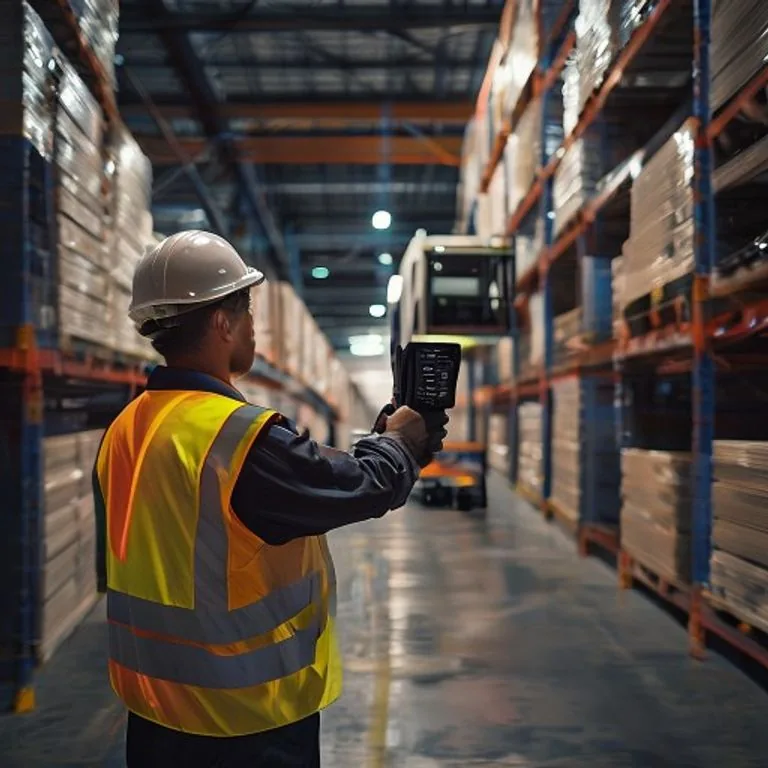 Warehouse worker with a barcode scanner between tall racks in a logistics distribution centre