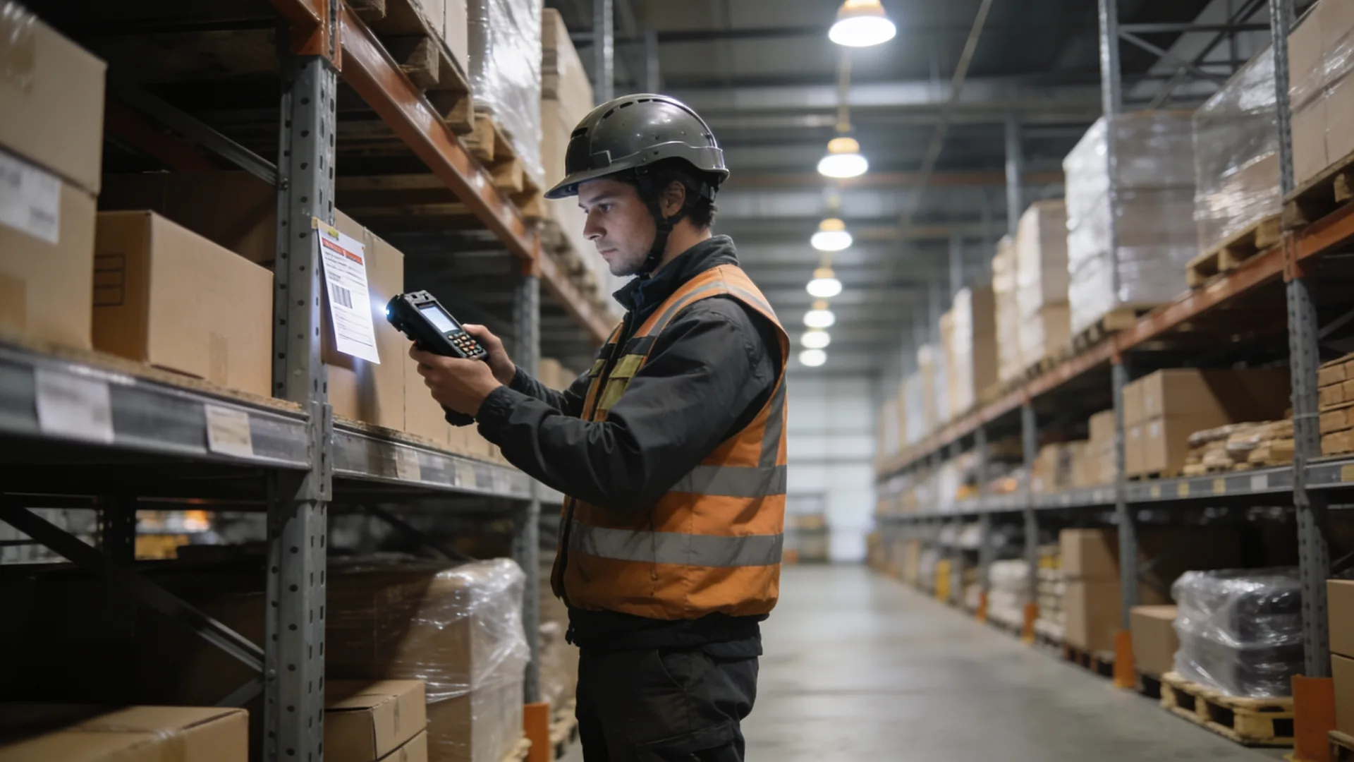 Magazijnmedewerker met helm en hesje scant met een handterminal tussen hoge stellingen
